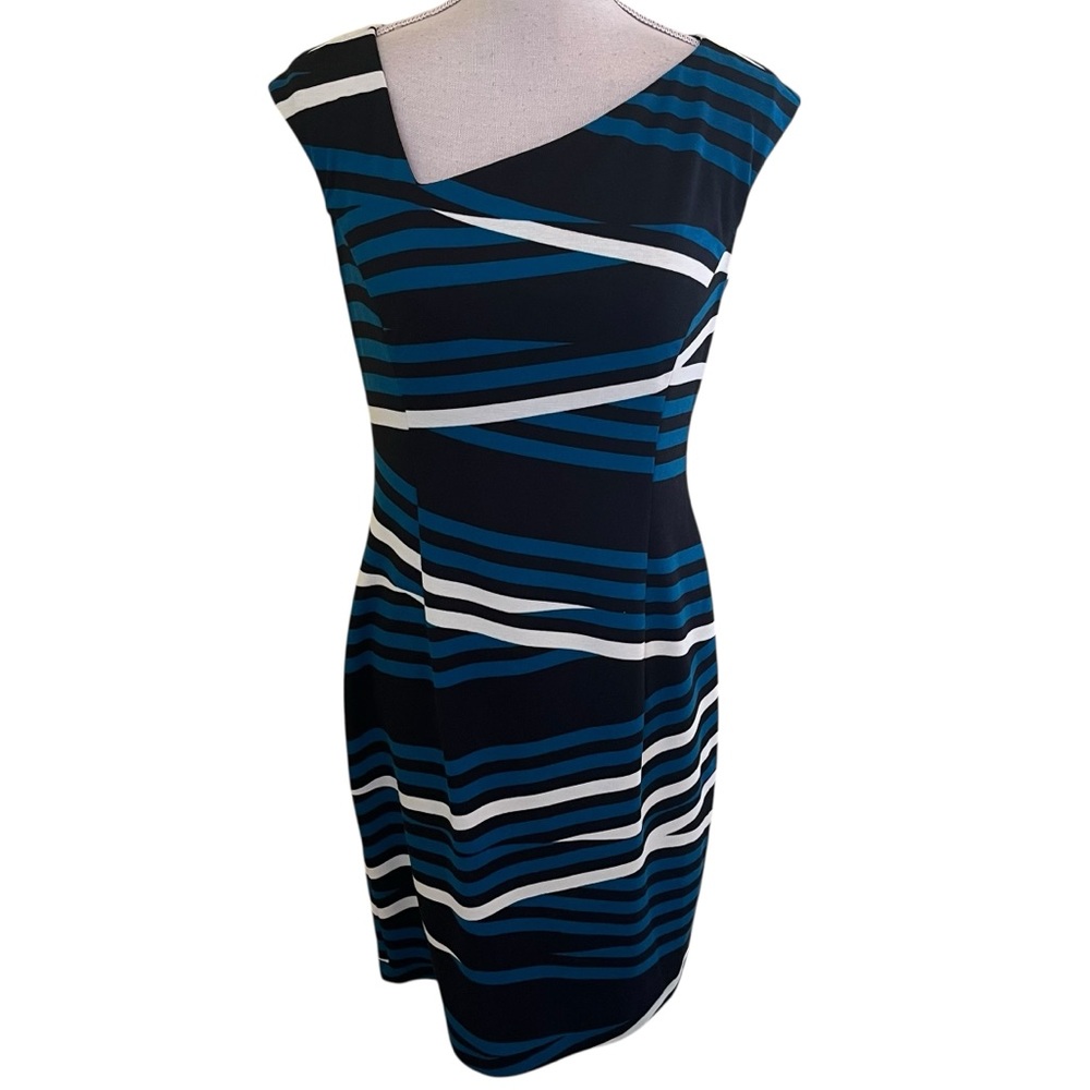 London Times Black/White/ Cobalt Striped Knit Asymmetric Neckline Sheath Dress